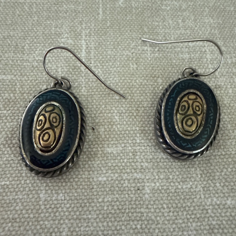 Vintage  Chicos  Silver Tone Teal And Gld Earrings For Pierced Ears